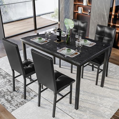 Hooseng Dining Table Set for 4, Faux Marble Small Kitchen Table with 4 PU Lea...
