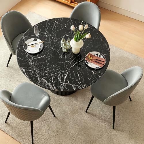 Homedot Kitchen&Dining Room Table Set for 4, Black Wooden Dining Table Round and Upholstered Kitchen Side Living Room Chairs Set, Rustic Dining Set with Grey Velvet Chairs for Apartment Dining Hall
