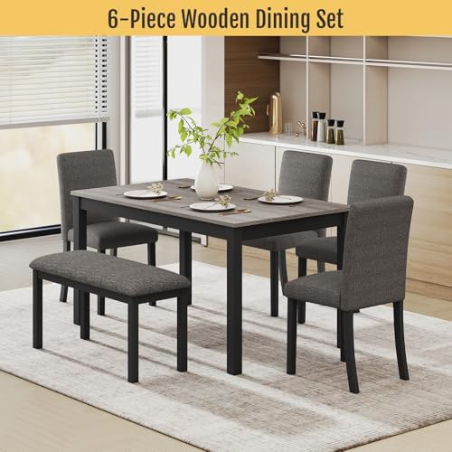 Zevemomo 6-Piece Solid Wood Dining Table Set, Wooden Legs, Dark Grey
