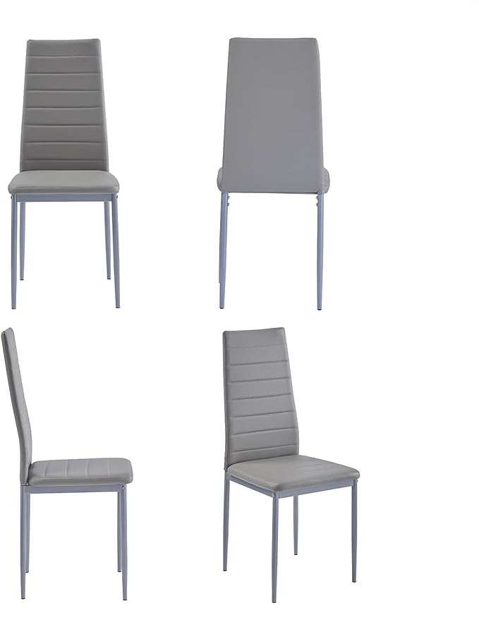 PU Dining Chairs Set of 4, Modern Kitchen & Dining Room Chairs Faux Leather Upholstered Dinner Chairs with Metal Legs for Small Space (Gray, Horizontal line)