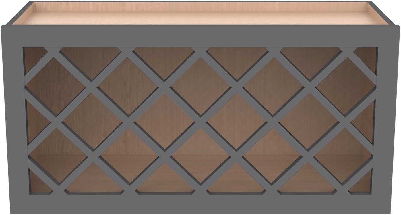 Solid Wood RTA Wine Bottle Rack Wall Cabinet with Lattice Panels - Wine Storage for Bar, Pantry, Cellar & Countertop - Mocha (Pebble Gray, 36'W 12'D 18'H)