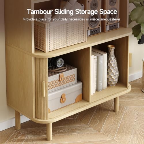 ONBRILL 71" Bookshelf with Sliding Door, Bookcase Storage Cabinet, Oak