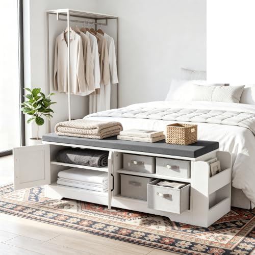 Farmhouse Shoe Storage Bench with 3-in-1 Entryway Storage & Padded Seat |...
