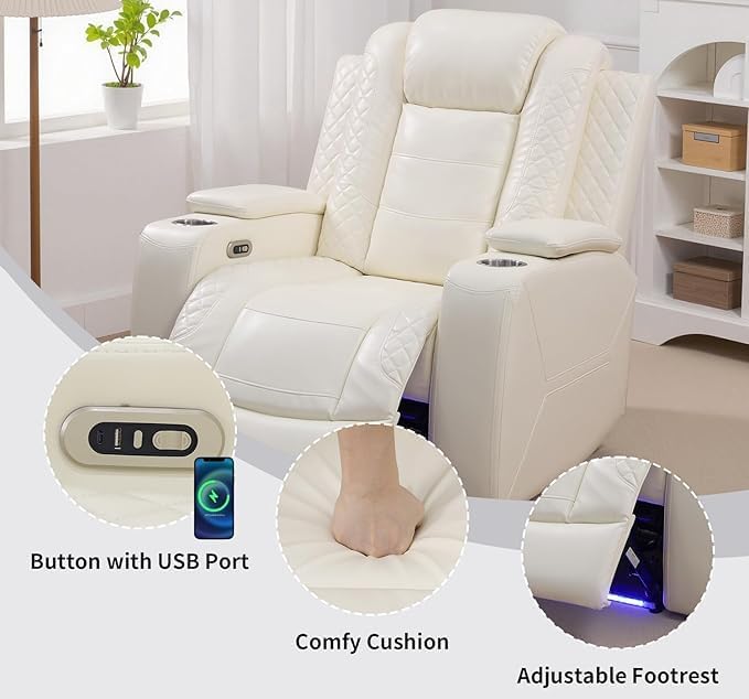 Power Recliner Chair, Leather Recliners with Home Theater Seating, Oversized Single Electric Recliner Sofa Breathable Living Room Chairs for Adults Reading Gaming, White