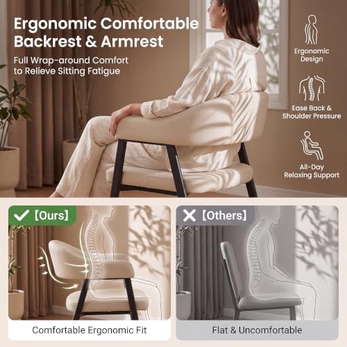 HNY Modern Dining Chairs with Arms Set of 6, Beige Faux Leather Armchairs