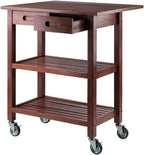 BOWERY HILL Solid Wood Kitchen Cart, Walnut Finish, Drop Leaf Extension, 2 Slatted Shelves, Locking Casters, 28.27" W x 16.66" D x 33.07" H, Rustic Transitional Indoor Storage for Kitchen