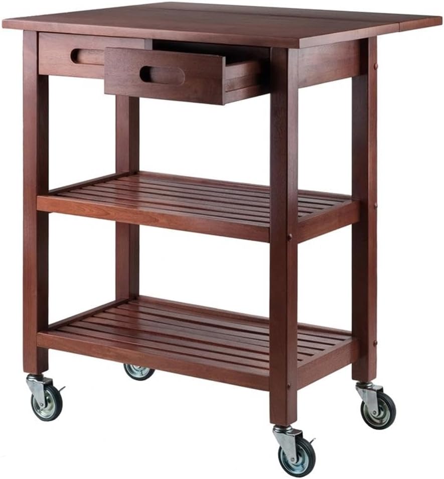 BOWERY HILL Solid Wood Kitchen Cart, Walnut Finish, Drop Leaf Extension, 2 Slatted Shelves, Locking Casters, 28.27" W x 16.66" D x 33.07" H, Rustic Transitional Indoor Storage for Kitchen