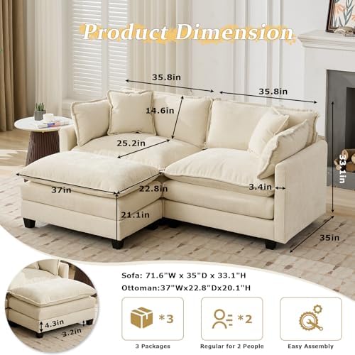 SoarFlash 77.95" Chenille L Shaped Modular Sofa with Ottoman,Beige