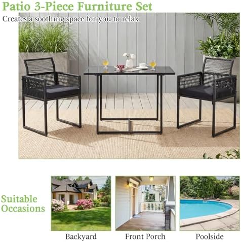 Tangkula 3 Pieces Outdoor Dining Set, PE Rattan Patio Furniture Set with Fold...