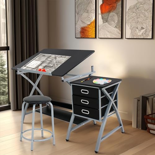 JupiterForce Drafting Table with Tiltable Tabletop and Stool, 3 Storage Drawe...