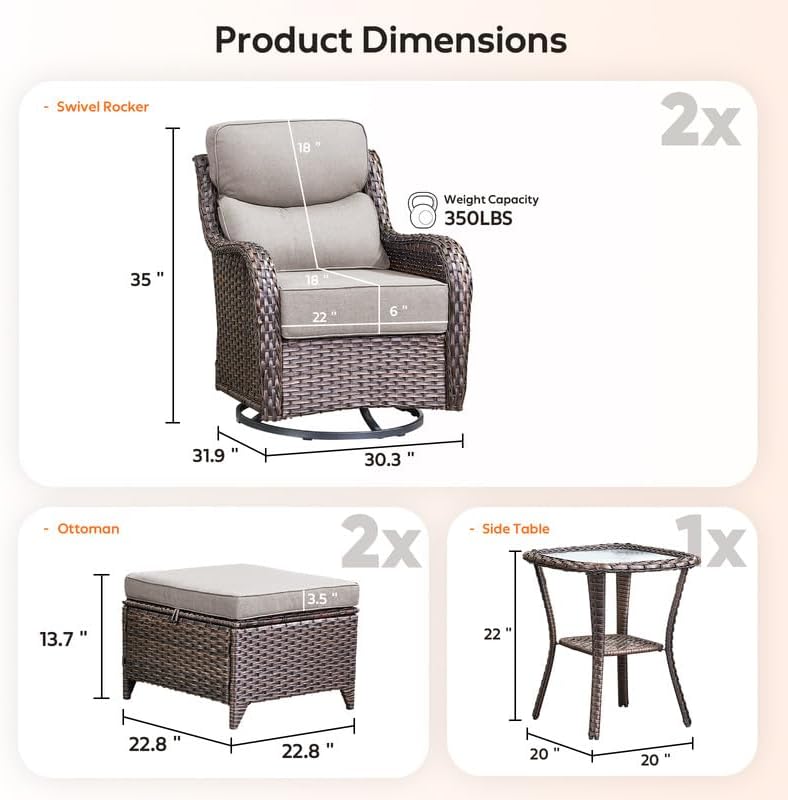 Outdoor Wicker Patio Furniture Set of 5 High Back with Ottoman, 6'' T...