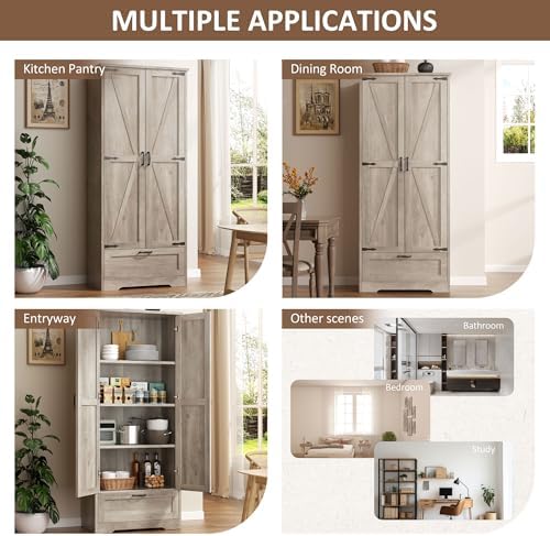 Vongrasig Kitchen Pantry Storage Cabinet with Barn Doors, Drawer and Adjustab...