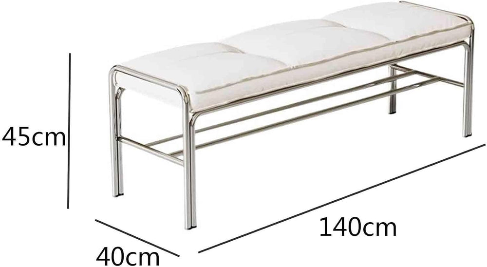Modern Stainless Steel Long Bench with White Leather Cushion Home-use Soft-Pa...