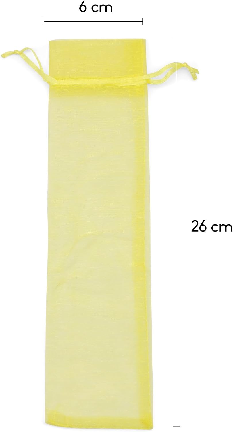 OLILLY – 50 Yellow Organza Bags – Size 10.2 × 2.4 in – Perfect for Long Items (Fans, Pens, etc.)