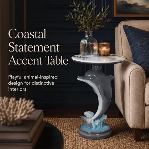 Dolphin Side Table, 25.98 in Animal End Table, Round Marble-Look Top, Hand-Pa...