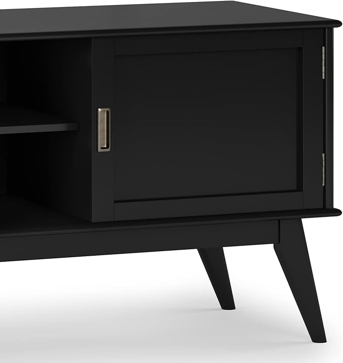 SIMPLIHOME Draper TV Stand - 60 inch Wide Solid Wood Low Media Console in Black, Mid Century Modern Entertainment Center for Living Room for TVs up to 65 Inches with Cabinets and Cable Management