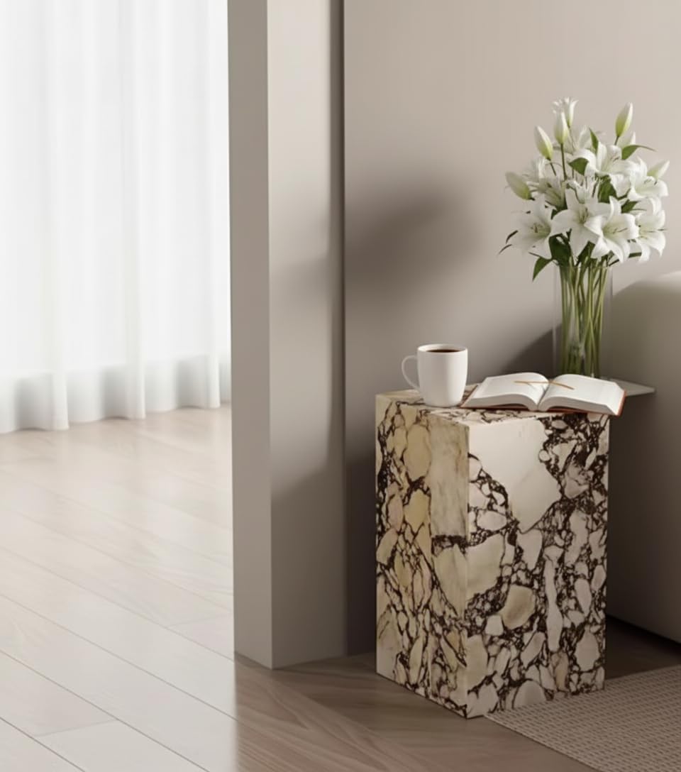 Natural Calacatta Viola Marble Side Table, 11.8" Square End Table for Li...