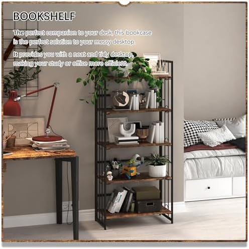 4NM No Assembly 5 Tiers Folding Bookshelf, 59.4" H Foldable Storage Shel...