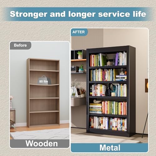 Book Shelf, 5-Tier Sturdy Bookcase, Adjustable Bookshelf, Large Capacity per ...