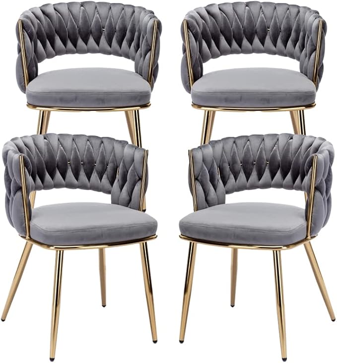 KCC Velvet Dining Chairs Set of 4, Gold Modern Dining Chair with Metal Legs, Woven Upholstered Dining Chairs for Dining Room, Kitchen, Vanity, Living Room (Gray)