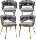 KCC Velvet Dining Chairs Set of 4, Gold Modern Dining Chair with Metal Legs, Woven Upholstered Dining Chairs for Dining Room, Kitchen, Vanity, Living Room (Gray)