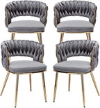 KCC Velvet Dining Chairs Set of 4, Gold Modern Dining Chair with Metal Legs, Woven Upholstered Dining Chairs for Dining Room, Kitchen, Vanity, Living Room (Gray)