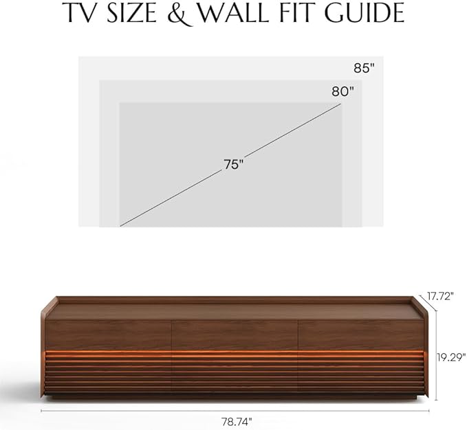 POVISON Fully-Assembled Mid Century Modern TV Stand, 78.74" Wood Media Console with Adjustable LED Light, Entertainment Center with Storage for Living Room
