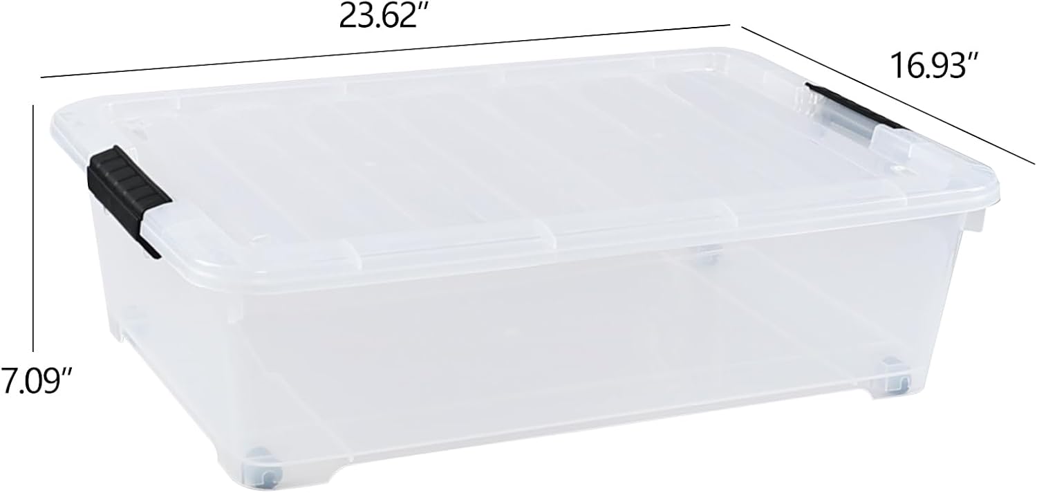 4-Pack 25 Quart Large Plastic Underbed Clothes Storage Containers Bins, Wheeled Latching Box with Lids for Closet Organizers Shoes Underbed, Clear
