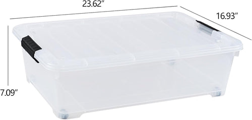 4-Pack 25 Quart Large Plastic Underbed Clothes Storage Containers Bins, Wheeled Latching Box with Lids for Closet Organizers Shoes Underbed, Clear