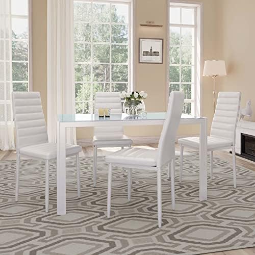 Gizoon White 5 Piece Glass Dining Table Set, Kitchen Table and Chairs for 4