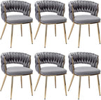 KCC Velvet Dining Chairs Set of 6, Gold Modern Dining Chair with Metal Legs, Woven Upholstered Dining Chairs for Dining Room, Kitchen, Vanity, Living Room (Gray)