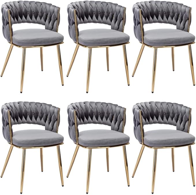 KCC Velvet Dining Chairs Set of 6, Gold Modern Dining Chair with Metal Legs, Woven Upholstered Dining Chairs for Dining Room, Kitchen, Vanity, Living Room (Gray)