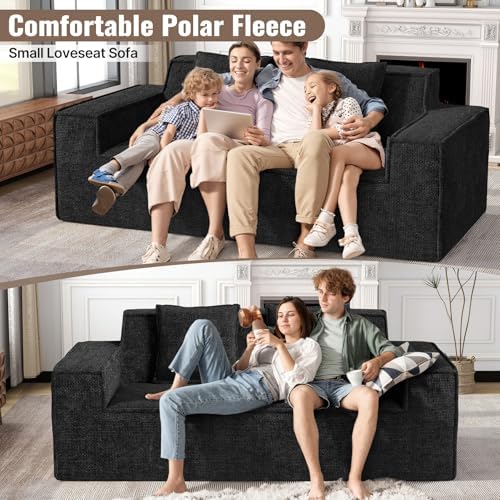 Luxanimarion 77'' Modern Small Cloud Loveseat Sofa, Boneless Love Seat | No Assembly Required Comfy Couches Includes 2 pcs Pillows for Living Room, Bedroom, Apartment, Polar Fleece Black