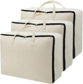 AMJ Set of 3, Canvas Storage Bag with 3-Side Zip Open & Handles, 8OZ Thick Soft Breathable Closet Organizer for Beddings, House Move or Winter Garment Storage in Wardrobe, Beige