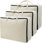 AMJ Set of 3, Canvas Storage Bag with 3-Side Zip Open & Handles, 8OZ Thick Soft Breathable Closet Organizer for Beddings, House Move or Winter Garment Storage in Wardrobe, Beige