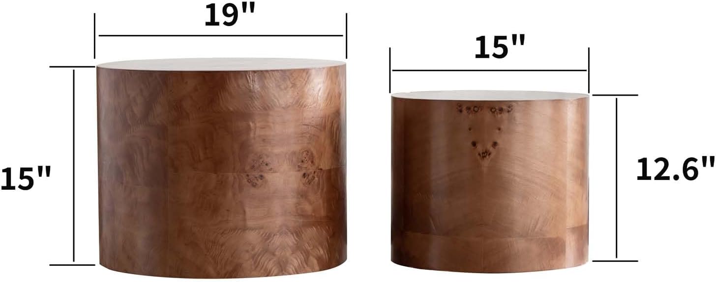 Nesting Coffee Table Set of 2, Modern Round Coffee Table and End Table Set, Brown Burl Center Table Circle Side Table for Living Room Bedroom Office