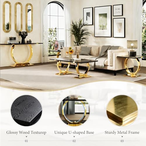 Asday 2 Piece Living Room Table Set, Black and Gold Coffee Table Set with Pol...