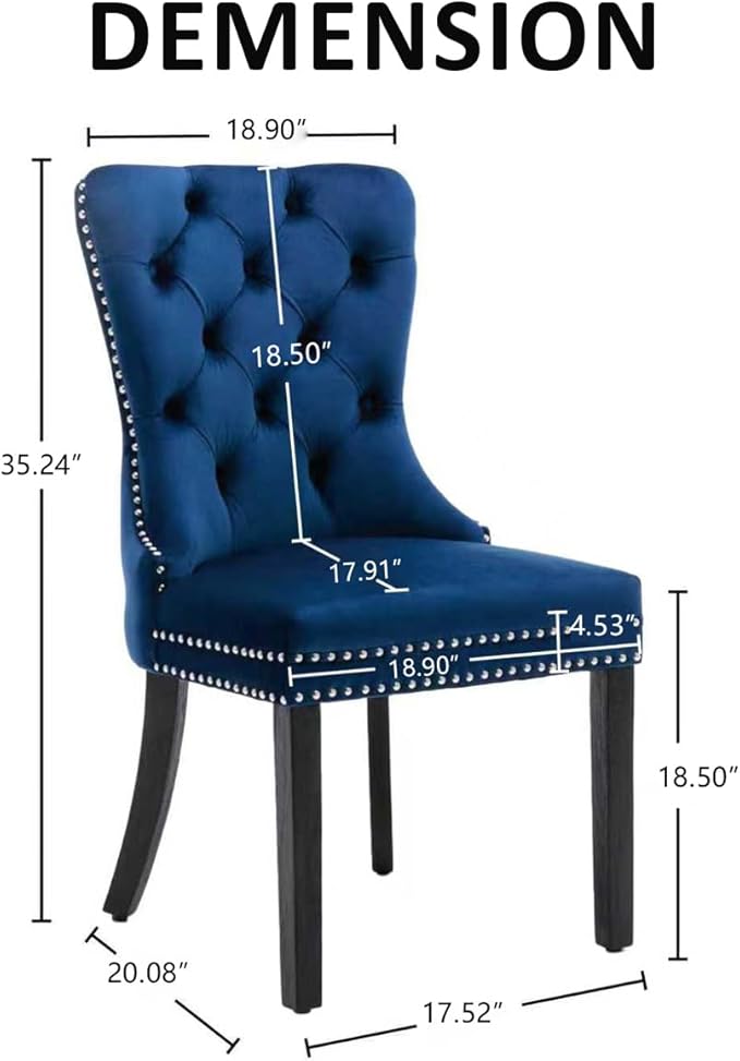 KCC Velvet Dining Chairs Set of 6, Upholstered High-end Tufted Dining Room Chair with Nailhead Back Ring Pull Trim Solid Wood Legs, Nikki Collection Modern Style for Kitchen, Blue