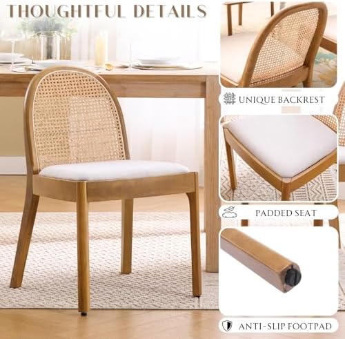HEAH-YO Rattan Dining Chairs Set of 4, Upholstered Linen Dining Room Chairs w...