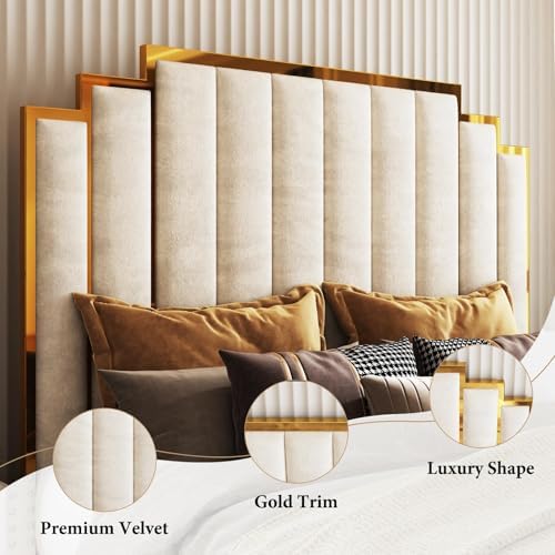 AMERLIFE California King Upholstered Bed with Gold Trim Headboard, Cream