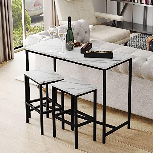 Yongchuang 3 Piece Bar Table and Chairs Set, White Faux Marble Wood Top