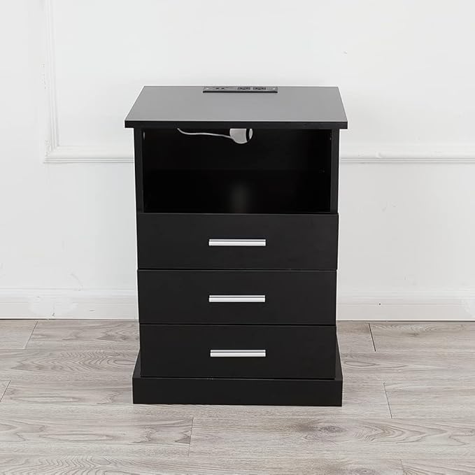 Black LED Nightstand with Charging Station, Side Table with 3 Drawers and Lig...