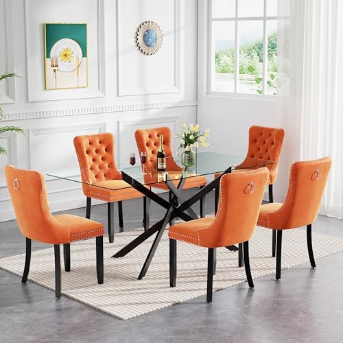 60" Black Glass Dining Room Table Set for 6, 7-Piece Modern Rectangular ...
