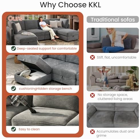 KKL Modular Sectional Sofa U-Shaped 6 Seater Couch with Storage Ottoman, Convertible L-Shaped Plush Wide-Wale Corduroy Couch for Living Room, Apartment, Modern Design, Gray