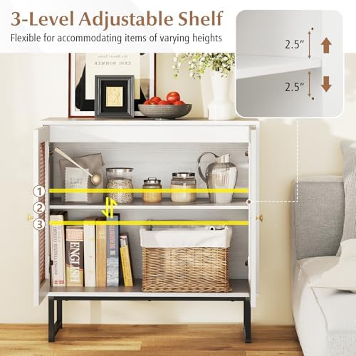 GIANTEX Boho Rattan Sideboard Buffet Cabinet with Storage, White