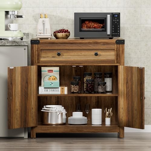 YESHOMY Farmhouse Coffee Bar and Accent Cabinet with Barn Doors, Brown