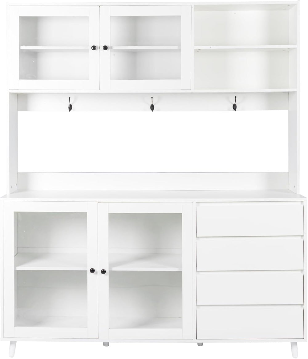 Large Freestanding Hutch Cabinet, Tall Pantry Storage with 4 Doors, 4 Drawers...