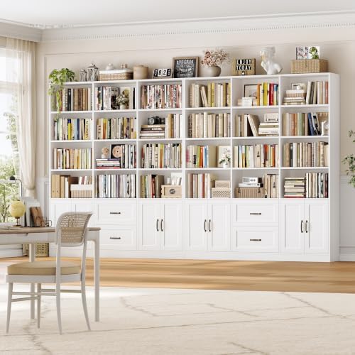 HOSTACK 71" Tall Triple Wide Bookshelf with Storage Drawers & Doors,...