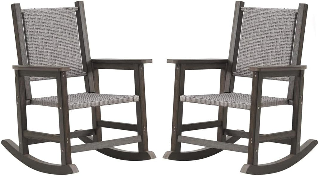 Wicker Outdoor Rocking Chair Set of 2 for Adult, Dark Brown | Durable HDPE frame with woven seat and back, weather-resistant, ideal for porch, patio, garden, lawn, balcony and outdoor use