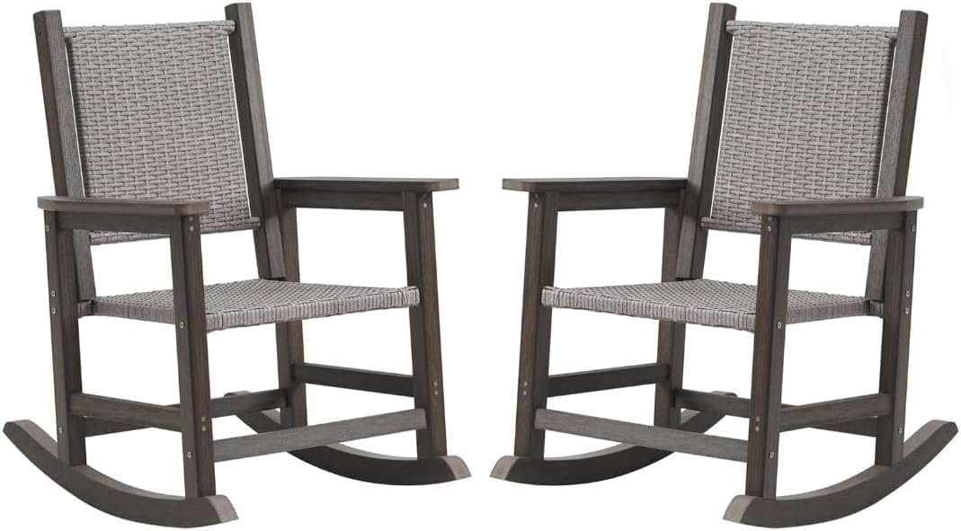 Wicker Outdoor Rocking Chair Set of 2 for Adult, Dark Brown | Durable HDPE frame with woven seat and back, weather-resistant, ideal for porch, patio, garden, lawn, balcony and outdoor use